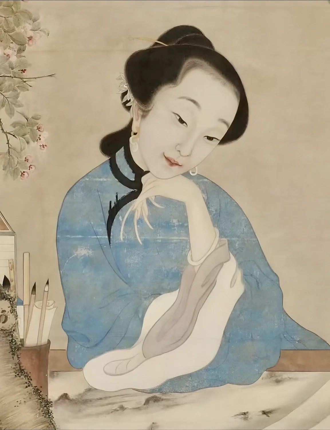 蓝衣仕女 · 凭案托腮
